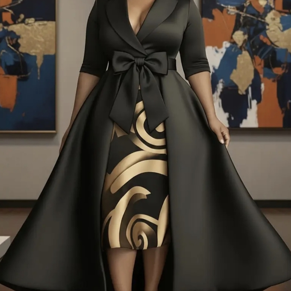 Elegant Black and Gold High-Low Dress with Bow Waist